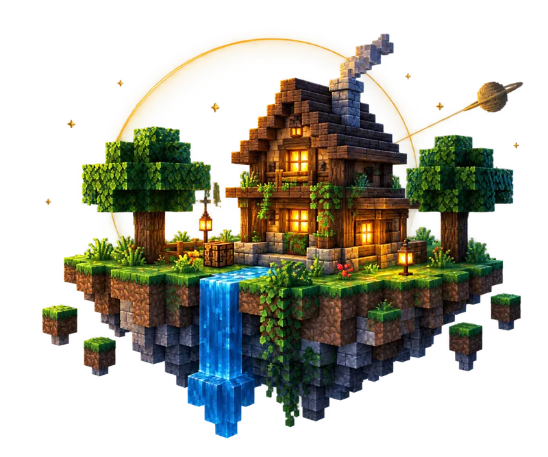 A floating Minecraft island with a lantern-lit timber house, trees and a waterfall beneath a golden planetary ring